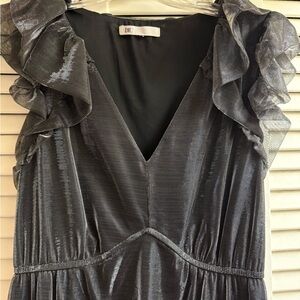 Black metallic tiered midi dress Ruffled sleeves vneck Women's flowy Dress